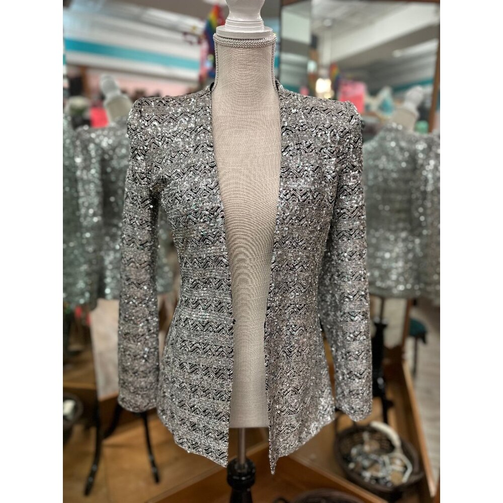 Zara Silver Sequin Pattern Jacket In M - image 1